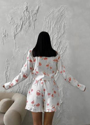 Легкая летняя пижама из муслина принт фламинго принт цветы3 фото