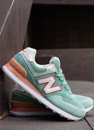 Кожаные кроссовки new balance 574 green orange white
