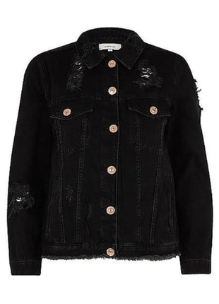 Джинсовая куртка с потертостями рваная черная графит р.48-50
