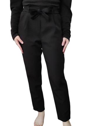 Брюки женские черные брюки прямые кэжуал свободные классические костюмные высокая посадка талия бананки на резинке с поясом бантом зауженные