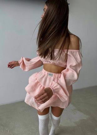 Легкий ніжний костюм міні юбка пишна топ з рукавами2 фото