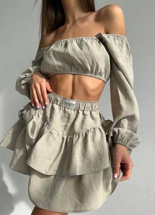 Легкий ніжний костюм міні юбка пишна топ з рукавами6 фото