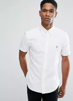 Стильна білосніжна сорочка теніска polo ralph lauren slim fit short sleeve white oxford shirt