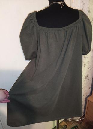 Стрейч-трикотажное,хаки-оливковое,платье-трапеция с приоткрытыми плечами,батал,h&m5 фото