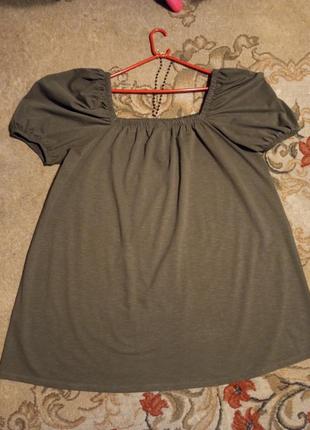 Стрейч-трикотажное,хаки-оливковое,платье-трапеция с приоткрытыми плечами,батал,h&m8 фото