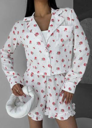 Пижама женская муслиновая молочная с принтом оверсайз рубашка на пуговицах шорты на высокой посадке качественная