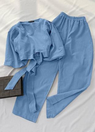 Костюм женский однотонный топ на завязках брюки палаццо свободного кроя на высокой посадке качественный стильный голубой бежевый