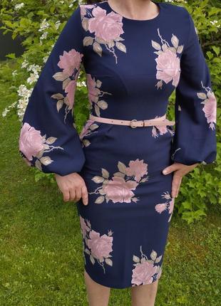Платье в цветочный принт с поясом с объемными рукавами2 фото