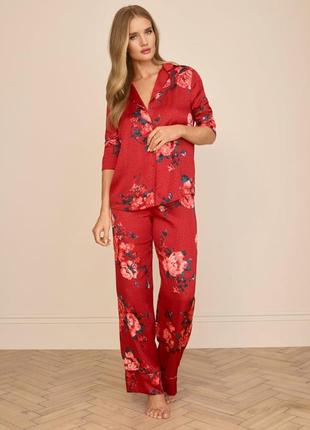 Пижама комплект кофта бояки одежда для сна сатин атлас цветочный принт бордовый розы f&amp;f