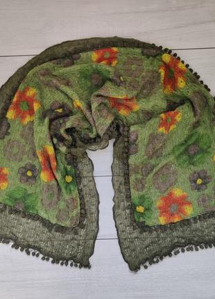 Теплый мягкий шерстяной шарф палантин с вышивкой 170 на 50 bella foulard