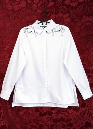 100% хлопок белоснежная рубашка с прошвой удлинённая белоснежная рубашка свободного кроя кружево блузка с прорезной вышивкой1 фото