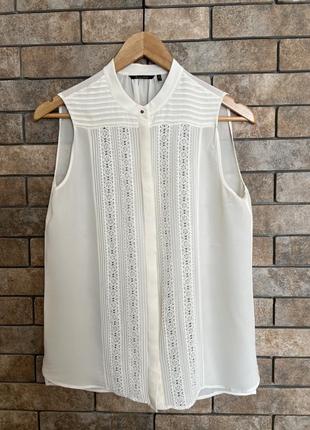 Белая, молочная шелковая блуза, рубашка, майка с кружевом massimo dutti
