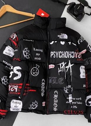 Куртка зимова в стилі the north face принт psycho чорна