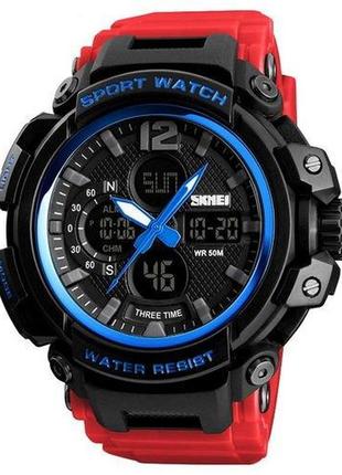 Часы тактические с гарантией, черные, электронные skmei 1343 black-blue-red wristband