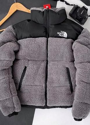 Куртка зимняя в стиле the north face меховушка тедди серая