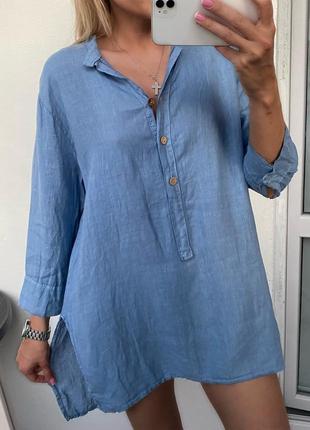 Италия льняная голубая рубашка блуза туника из льна лляная льон2 фото