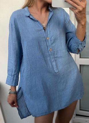 Италия льняная голубая рубашка блуза туника из льна лляная льон7 фото