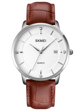 Skmei 1801lsibn silver-white brown leather, часы, коричневы, стильные, прочные, мужские, на каждый день