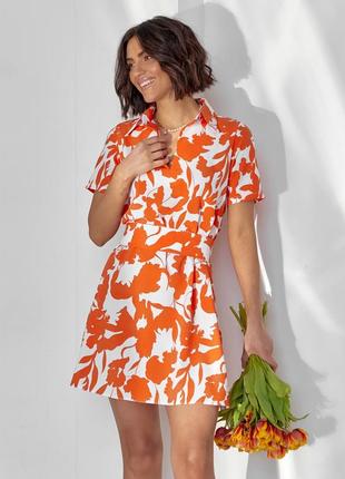 Оранжевое короткое платье-трапеция с воротником2 фото
