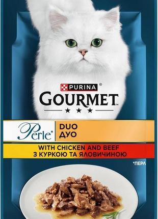Влажный корм для кошек purina gourmet perle duo с курицей и говядиной мини филе в подливке 85г
