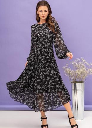 Черное миди платье с мелким цветочным принтом