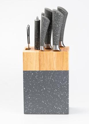 Набор кухонных ножей 5 штук ножницы мусат на подставке серый5 фото