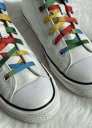 Белые кожаные высокие кеды кроссовки esmara в стиле converse разноцветные шнурки2 фото