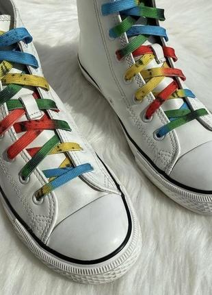 Белые кожаные высокие кеды кроссовки esmara в стиле converse разноцветные шнурки5 фото
