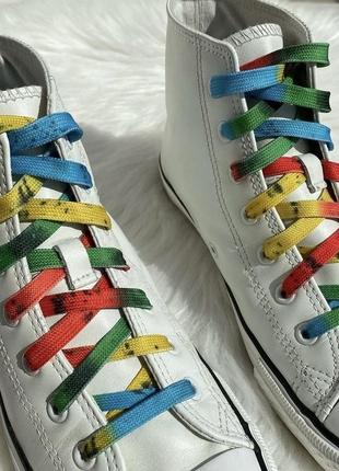 Белые кожаные высокие кеды кроссовки esmara в стиле converse разноцветные шнурки4 фото