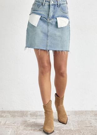 Джинсовая юбка мини с карманами наружу - джинс цвет, мини, с потертостями, кэжуал, турция