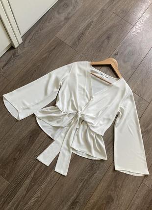Topshop 10/38рр м идеальная деловая молочная белая блуза рубашка двухслойная на резинке с завязкой3 фото