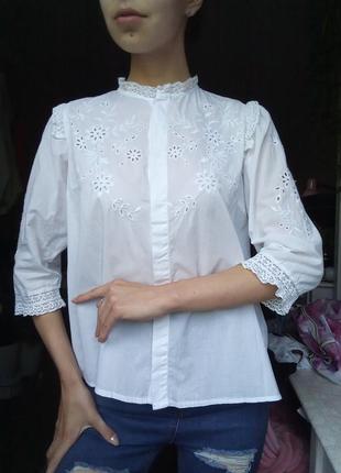 Біла блузка бавовняна, бавовняна блузка прошва, біла вишиванка гладкою, бавовняна вишиванка, прошвована блузка з мереживом, вінтажна блузка мереживна