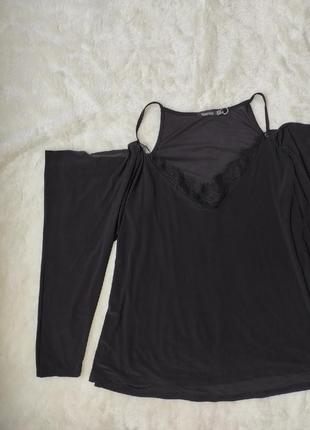 Черная блуза майка туника с гипюром на груди длинными рукавами голыми плечами батал3 фото