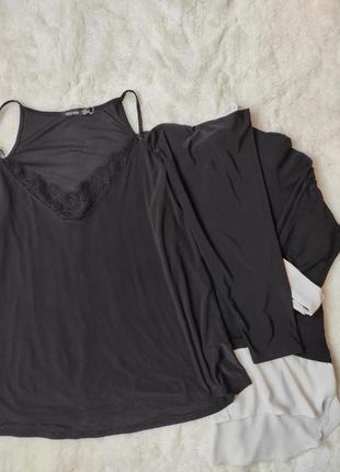 Черная блуза майка туника с гипюром на груди длинными рукавами голыми плечами батал4 фото