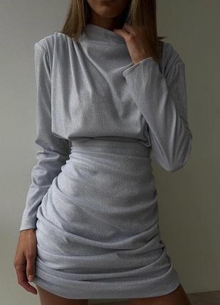 Нарядное мини платье юбка драппировка люрекс серебро