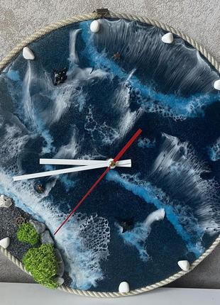 Большие настенные часы из эпоксидной смолы 35 см морская тематика море, океан, ручная работа.