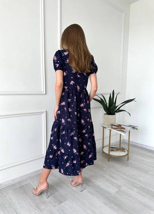 Сукня (плаття) жіноча довга міді з квітами 42-52 темно-синя6 фото