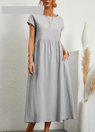 Летнее льняное платье с завышенной линией талии и цельнокройным рукавом серый