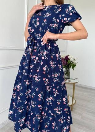 Платье женское длинное миди с цветами 42-52 темно-синее7 фото
