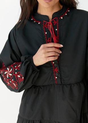 Платье вышиванка черная красный орнамент длинный рукав4 фото