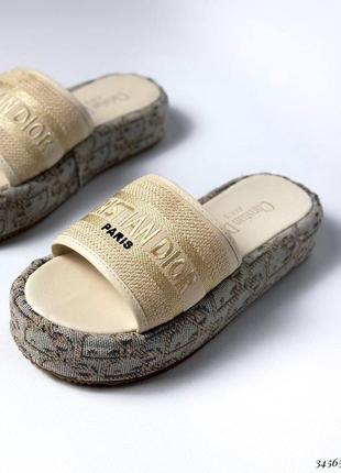 ▪️в стиле dior диор высокая танкетка платформа подошва женские шлёпанцы шлёпки тапки тапочки лето текстильные бежевые 35-35,5 36 37 38 39 40 41 размер