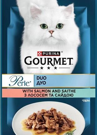 Вологий корм для котів purina gourmet perle duo з лососем та сайдою мініфіле у підливі 85г