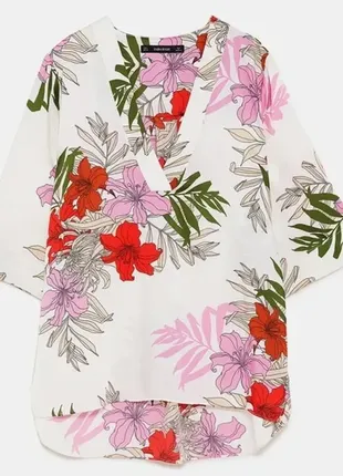 Блуза сатинова під шовк zara satin flowy floral print blouse size m