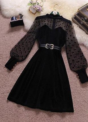 Модное бархатное платье с рукавами из сетки черный