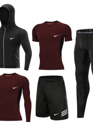 Компресійний комплект для тренувань чоловічий 5в1 nike(одяг для спорту, єдиноборств/mma) burgundy