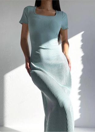 Элегантное платье с шнуровкой на спине рубчик голубой
