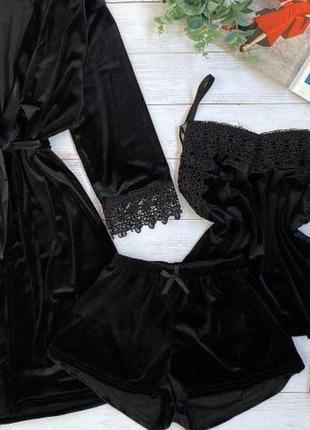 Жіноча велюрова піжама 4в1 майка шорти штани і чорний халат