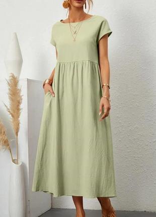 Летнее льняное платье с завышенной линией талии и цельнокройным рукавом оливка