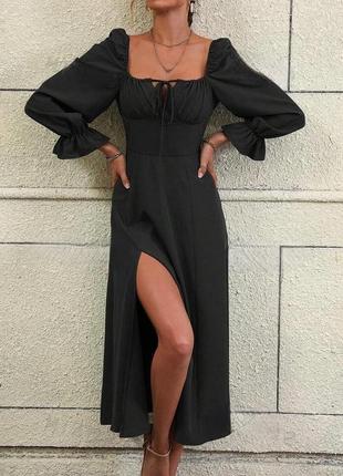 Красивое женственное платье с интересной зоной декольте+разрез по ноге черный