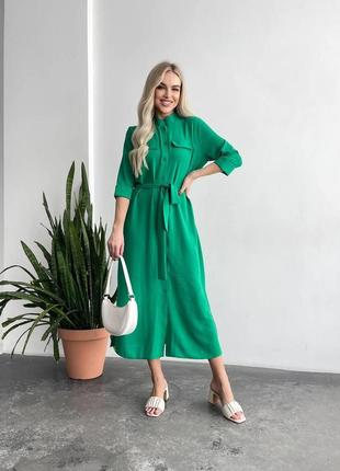 Подовжене плаття-сорочка з тканинним поясом креп жатка зелений